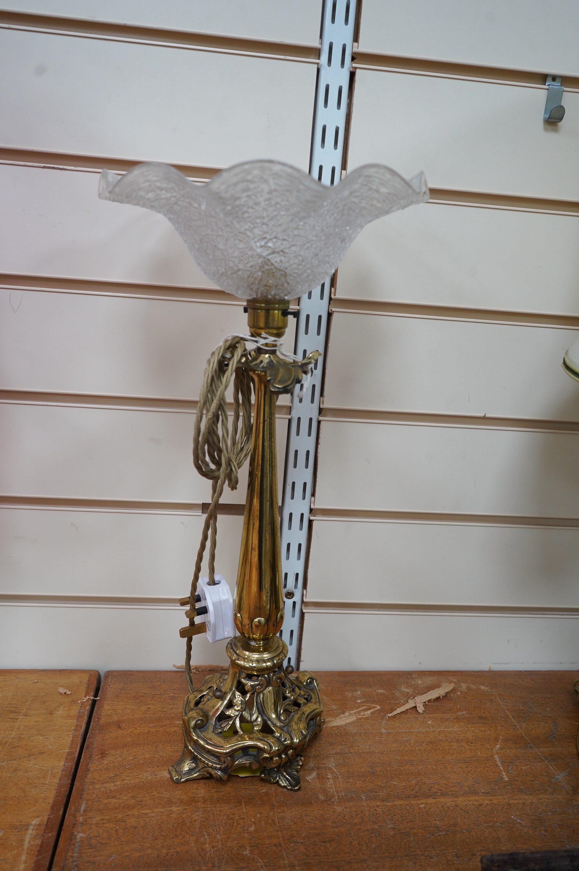 An English brass table lamp with fluted glass shade, circa 1930's, wired, 46cm high. Condition - fair to good, not tested